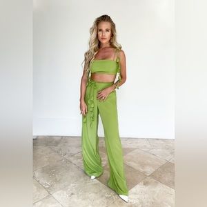 Two piece green tassel crop and pant set